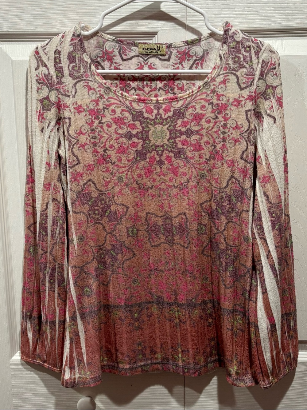 ONE WORLD Women’s Paisley Pattern Long Sleeve Shirt Top - pink/white, size S